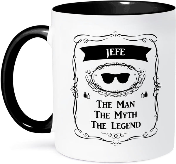 3dRose Jefe - The Man The Myth The Legend Dad Father Boss Chief in Spanish - Two Tone Black Mug, 11oz