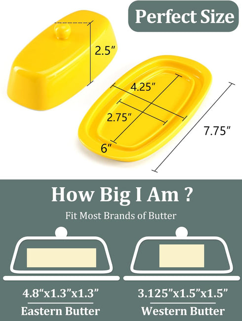 Yedio Ceramic Butter Dish with Lid for Countertop Refrigerator, 8 Inch Butter Holder with Porcelain Cover Knob Handle , Perfect for East West Coast Butter Stick, Yellow