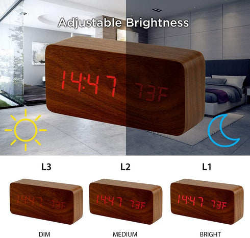 OCT17 Wooden Digital Alarm Clock, Multi-Function Smart Alarm Clock with USB Power Supply, Brown