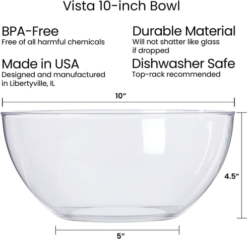 US Acrylic Vista Clear Plastic Bowls Set of 3, 10-inch Salad & Serving Bowls, BPA-free, 135 oz Capacity