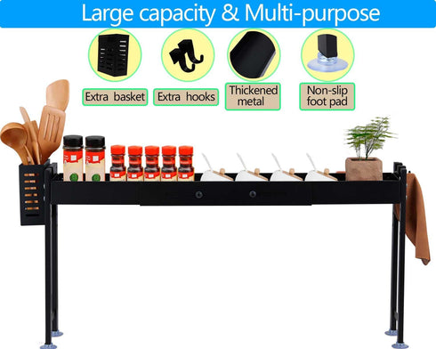 Horynar Over Stove Spice Shelf for Kitchen Spice Rack Organizer with Extra Black Basket and Hooks Great for Stove Top
