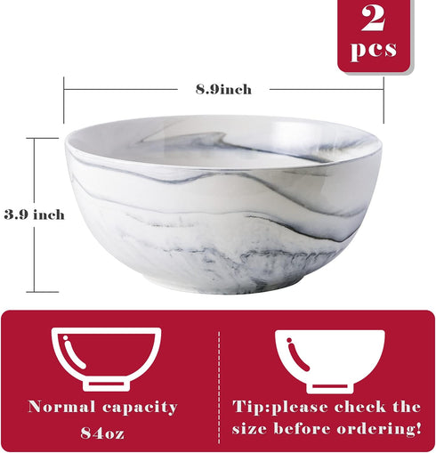Yundu 9'' Deep and Large Mixing Bowls,84 oz Porcelain Serving Bowls for Pasta Fruit Soup Salad, Set of 2-Grey Marbled by Yundu