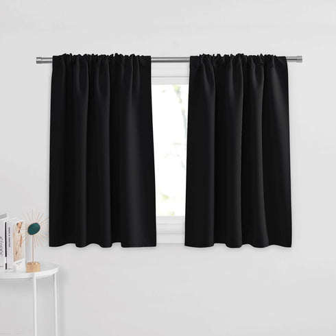 PONY DANCE Black Short Length Curtains for Kitchen, 2 Pieces, Solid Half Window Tiers, 29 x 24 inches