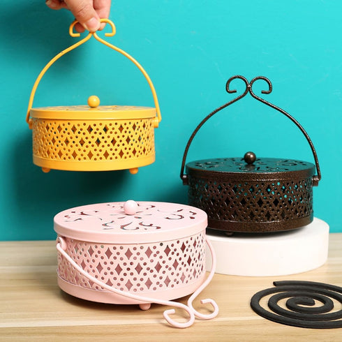 Portable Iron Mosquito Incense Coil Holder Box with Lid and Handle for Home Outdoor Garden, Black