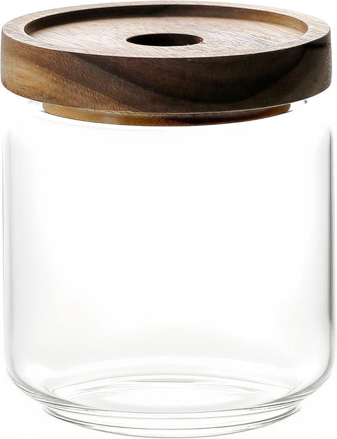 480ML Clear Cute Glass Storage Canister with Stackable Airtight Wood Lid - Decorative Small Container Jar for Kitchen
