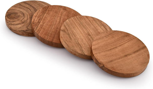 Samhita Acacia Wood Round Coasters, Set of 4 for Protection of Tabletop, Countertop from Water Marks or Damage