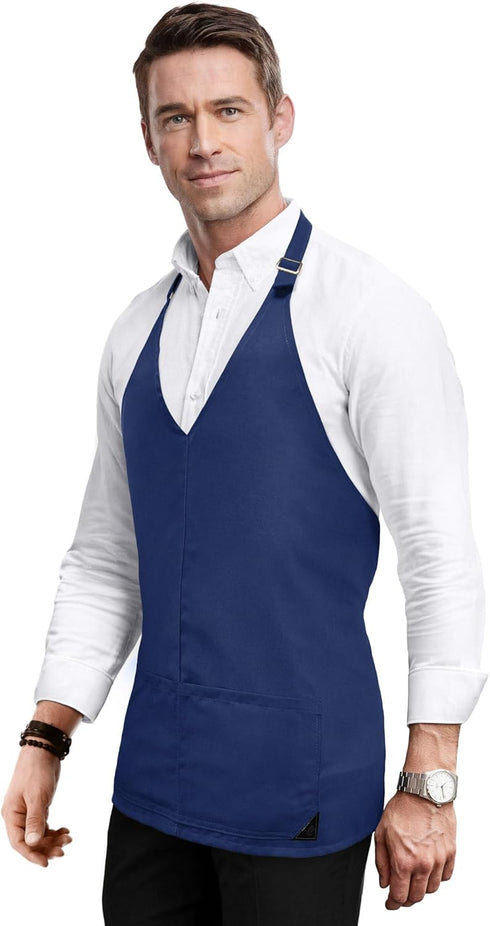 Under NY Sky V Neck Short Apron - Unisex Bib, Tuxedo Style - Lightweight, Front Slit, Hip Pockets - Adjustable