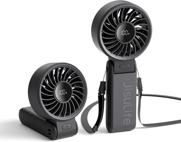 JISULIFE Life7 Handheld Fan 2024, Powerful Portable Fan with LED Display, 3600mAh, 5 Speeds, Lanyard, 3-IN-1 (Black)
