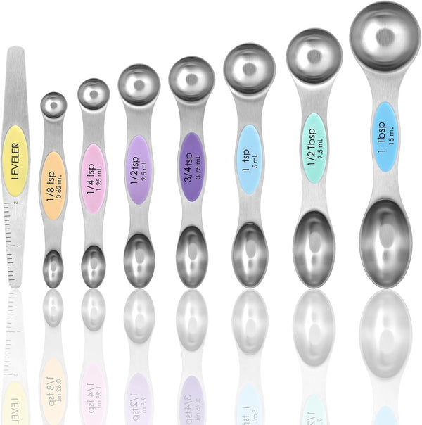 Magnetic Measuring Spoons Set of 8, Stainless Steel Dual Sided for Dry and Liquid Ingredients