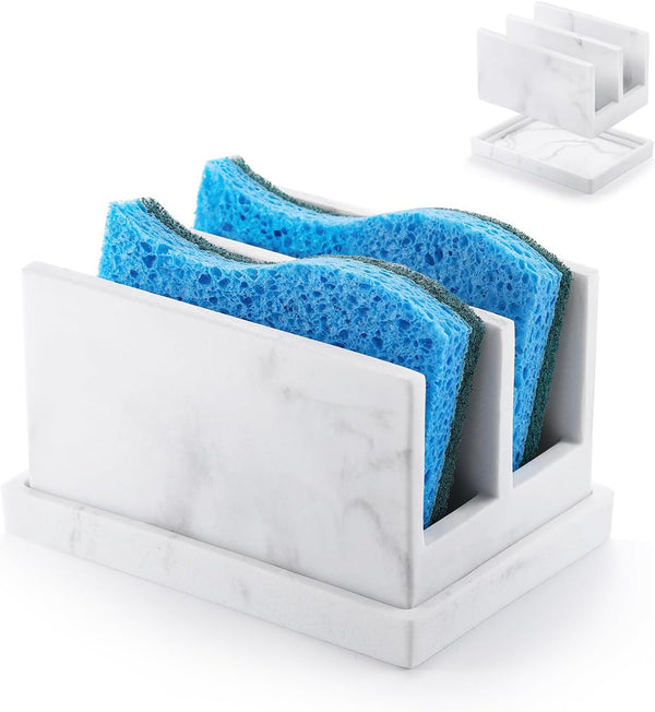 Luxspire Kitchen Sponge Holder, Dish Sponge Holder with with Drain Tray, Marble