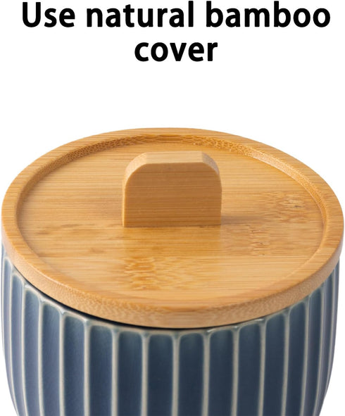 14oz Salt Cellar Keeper with Bamboo Lid, Big Capacity Ceramic Sugar Bowls Pepper Box, Crackle Glaze Seasoning Container