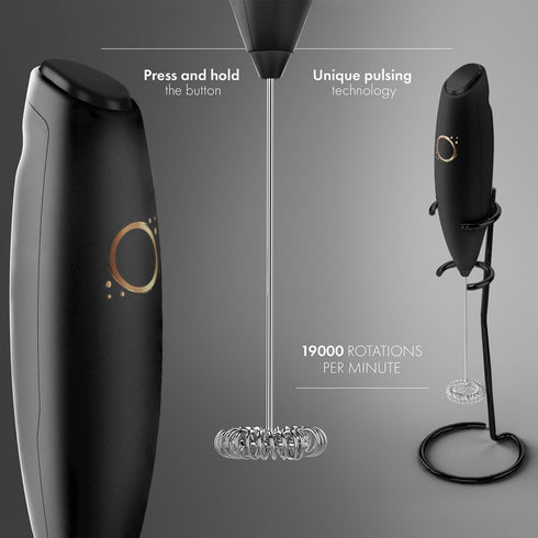 Milk Frother Matte Black, Handheld Electric Whisk with 19000 rpm, Includes Book Recipes & Stainless Steel Stand