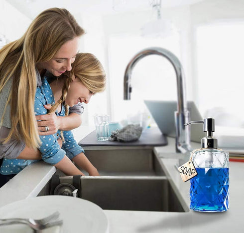 JASAI Diamond Design 12 Oz Glass Soap Dispenser, Kitchen and Bathroom with Stainless Steel Pump