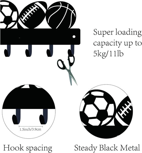 CREATCABIN Hook Hanger Wall Key Holder, Metal Decorative Mounted Organizer Rack with Sports Goods Basketball Football