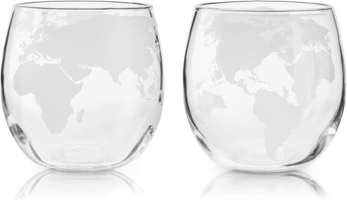 Set of 2 Viski Globe Glass Whiskey Tumblers, 10 oz, Etched Glass Whiskey Enthusiast Gift and Glassware Accessory