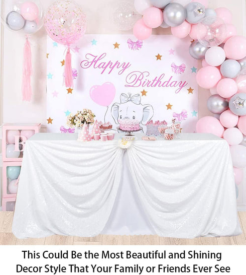 ShinyBeauty White Sequin Tablecloth, 60" x 102", Wedding Sparkle Linens, Rectangle Sequin Overlay