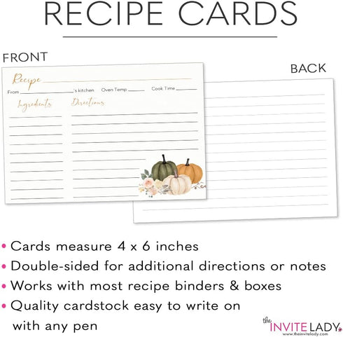 Autumn Fall Recipe Cards with Pumpkins, 4x6 Printed with Lines (50 Count)