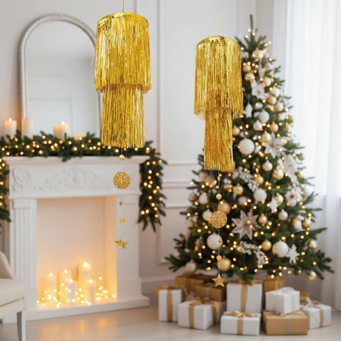 2 Cheerland Gold Tinsel Chandelier Mothers Day Party Decor Tier Haning Fringed Circle Star Garland for Graduation