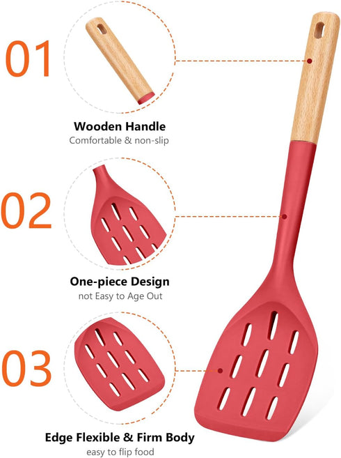 Pack of 2 Silicone Spatula, Non Stick Cooking Utensil Set with Wooden Handle for Baking, Mixing, Grilling, Red