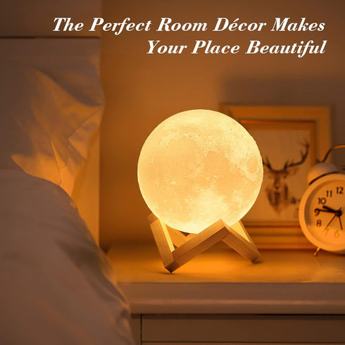 Mydethun 3D Moon Lamp, 5.9" Night Light with Wooden Base, Touch-Dimmable & Rechargeable, Gift for Mom, Home Décor