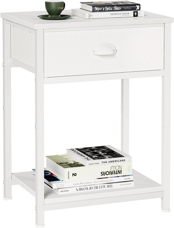 Furologee White Nightstand with Fabric Drawer, Small Side Table for Small Spaces,