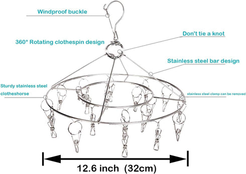 CenYouful Stainless Steel Round Drying Rack with 20 Clips for Socks, Baby Clothes, Bras, Towels, Underwear, Hats,