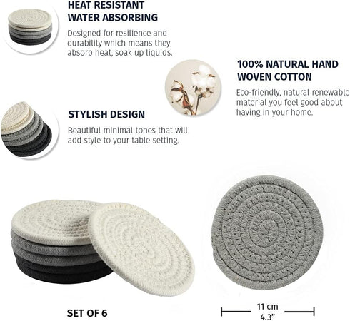 OrganiHaus Set of 6 Gray Woven Coasters for Wooden Table, 4.3" Absorbent Cup Coasters for Drinks, Cute Fabric Coasters