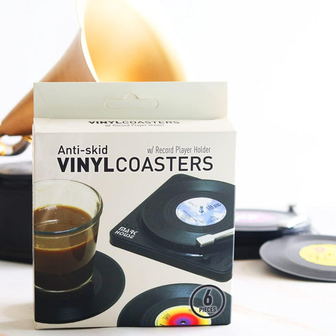 Funny Retro Vinyl Record Coasters for Drinks, Set of 6 with Vinyl Record Player Holder for Music Lovers, Gift Ideas