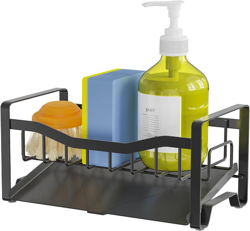 Kitchen Sink Caddy Organizer, Sponge Holder with Stainless Steel Auto Drain Tray for Kitchen Countertop Storage Gadgets
