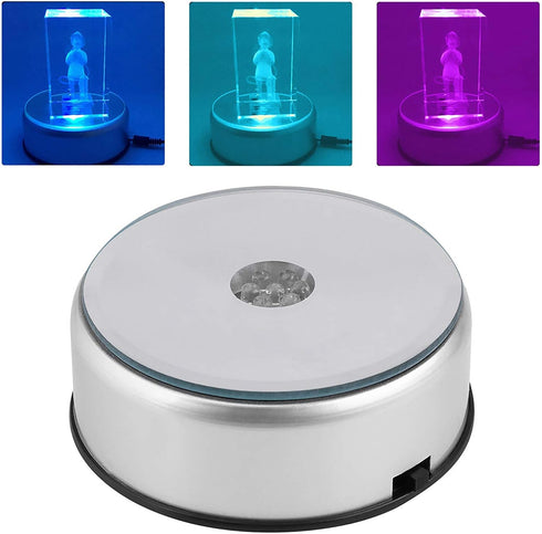 LED Colorful Lighted Display Base, Unique Rotating Crystal Stand Holder with AC US Adapter, Silver