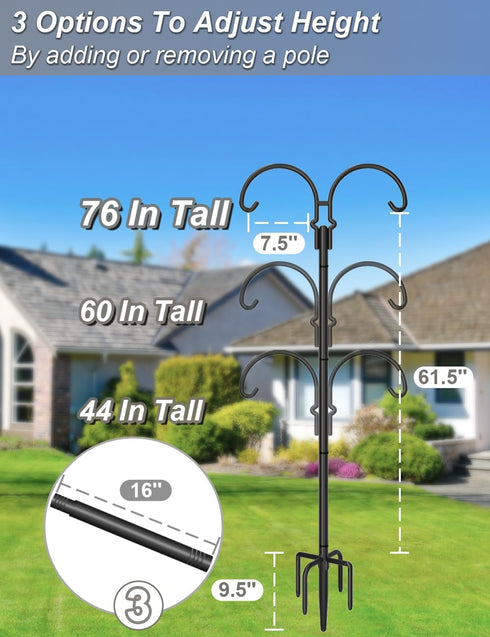 5 76 Inch Hummingbird 1 Pack Outdoor Double Shepherds Hook with Prong Base, Adjustable Heavy Duty Two Sided Bird Feeder