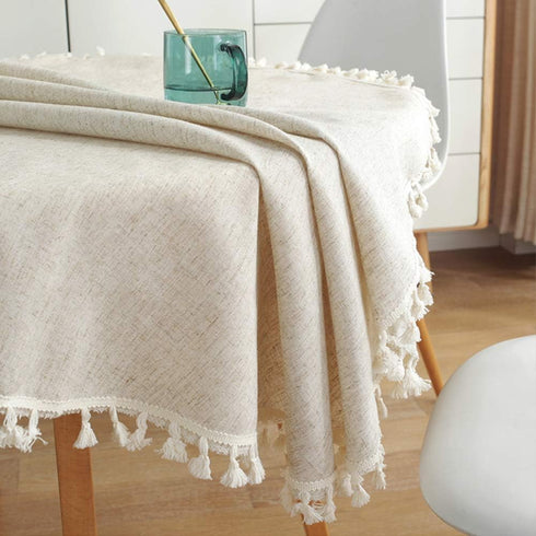60 Inch, meioro Linen Round Tablecloth, Fabric Circle Table Cloth with Tassels, Washable Wrinkle Free Table Cover Boho