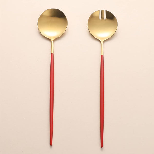 Salad Servers Set, 11.41 Inch Spoon and Fork, 18/10 Stainless Steel with Titanium Plating (Red Gold)