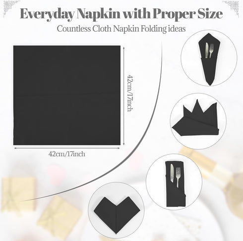 PLOYMONO Black Heavy Duty Polyester Napkins, 17 x 17 Inch Solid Washable Cloth Dinner Napkins (Set of 8)