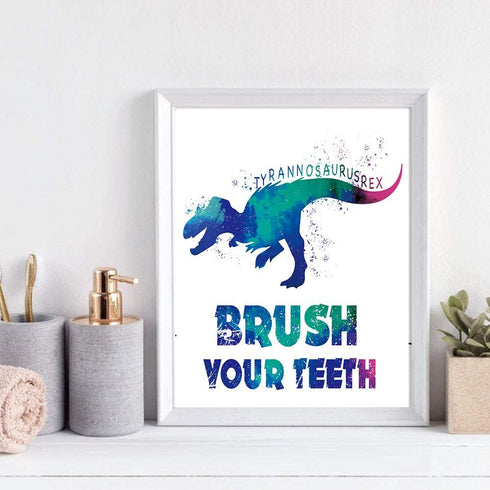 CHIEN-CHI LILI Wash Your Hands Dinosaur Bathroom Art Prints Set of 4 (8”X10”), Motivational Quote Decor for Kids