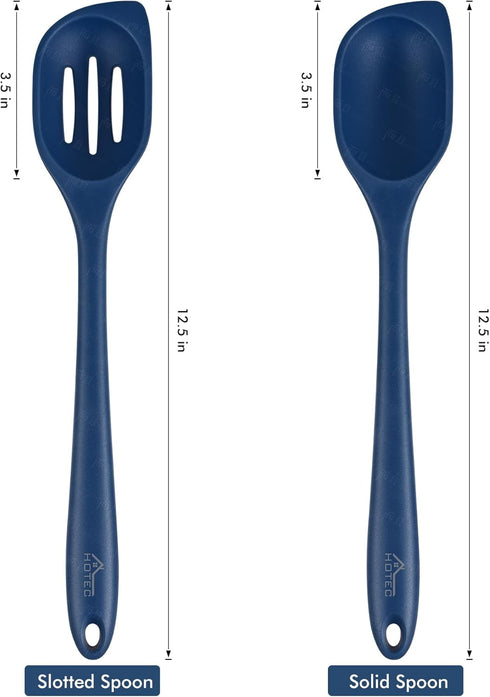 HOTEC Heat Resistant Silicone Cooking Spoon Spatula, Large Kitchen Solid and Slotted Spoons for Mixing, Serving, Scraping, Non-stick, Dishwasher Safe Classic Blue 12.5inch