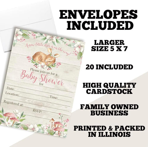 Little Deer Woodland Watercolor Floral Baby Shower Invitations for Girls, 20 Fill In Cards with Envelopes