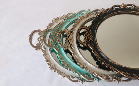 Yash Counter 15.8' 13', YANIZU Decorative Mirror Tray, Round with Handles, Organizer for Perfume, Makeup, Jewelry