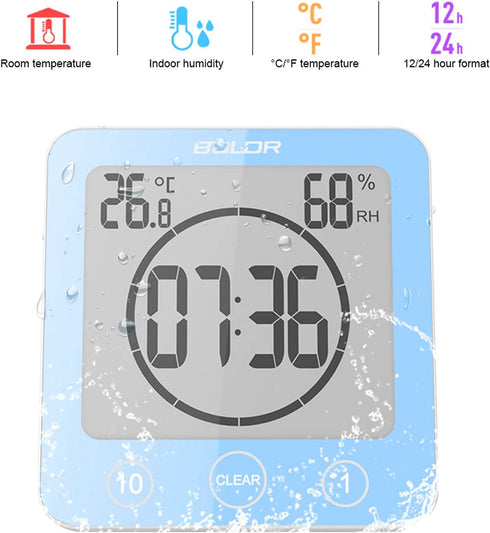 Digital Bathroom Shower Wall Clock Timer, LCD Digital Wall Clock with Suction Waterproof Temperature Humidity Gauge, Touch Screen Timer, Large Countdown Visual Timer Hanging Wall Clock by Houkiper