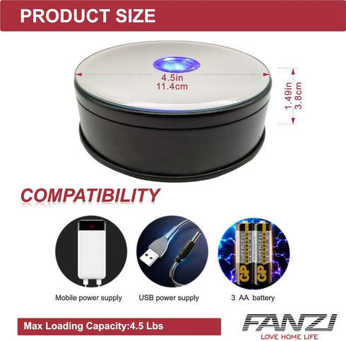 FANZI 360 4.5 Inch LED Motorized Turntable Display Light Base for Theme Exhibition, Window Display, Acrylic, Crystal