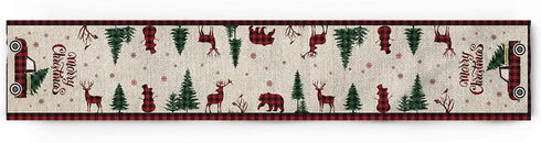 Christmas Truck Cotton Linen Table Runners, 90 Inches Long, Red Buffalo Plaid Non-Slip Burlap for Holiday Decor