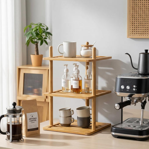 2Pcs 3-Tier Counter, Countertop (2, 3Tier-Large-6.7"H) Cabinet Organizer Shelf - Bamboo Corner Rack for Kitchen Cabinet