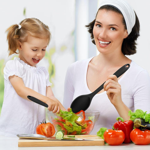 2Pcs Large Cooking Spoon Set - 10.8'' Heat Resistant Silicone Spoons for Mixing, Baking, and Stirring (Black)