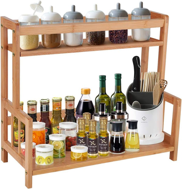 Kitchen Countertop Organizer Bamboo Spice Rack, 2 Tier Storage Stand, Vintage Rustic Wooden Shelf for Makeup Display