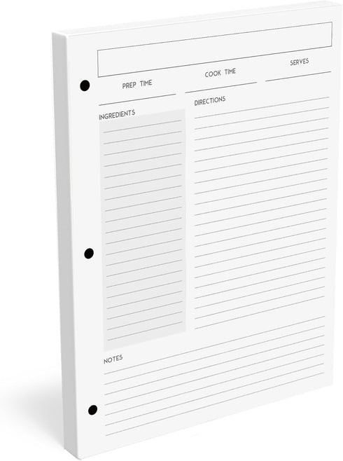 Recipe Card Set, 3-Hole Punched (Set of 30), 8.5 x 11 inch, 200 GSM Insert Card for Saving Recipes