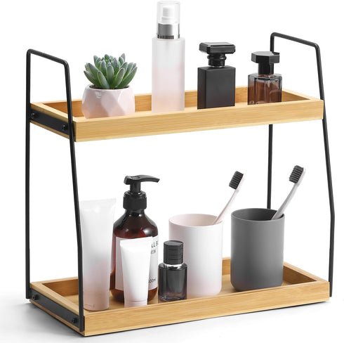 ZOBONETI Bamboo Bathroom Counter Organizer, Wooden Bathroom Sink Countertop Organizer, 2 Ties Vanity