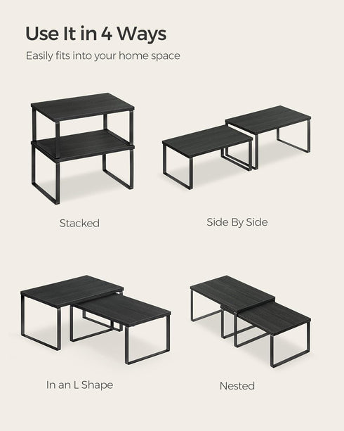 SONGMICS Set of 4 Cabinet Organizer Shelves, Stackable Kitchen Storage, Spice Rack in Ink Black and Ebony Black
