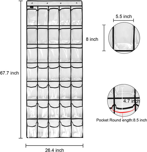 1 Pack 35 Closet 4Hooks, (67.7'' 26.4'') Clear Crystal Pockets Large Hanging Shoe Organizer Over The Door Shoe Rack