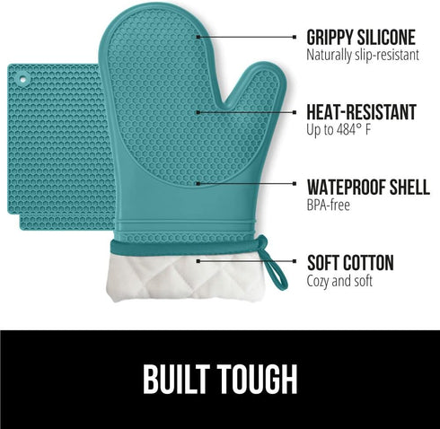 Gorilla Grip 4 Piece Silicone Oven Mitt and Trivets Set, Waterproof, Cotton Lined, BPA-Free, Turquoise