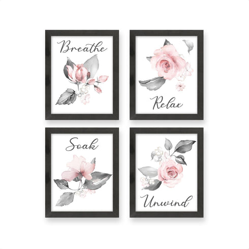 heilkee Pink Flower Wall Art Bathroom Decor, Set of 4 Grey Wall Pictures, Relax Soak Unwind Breathe Signs